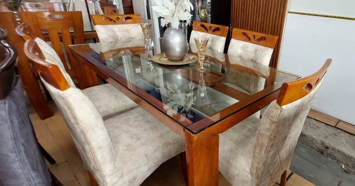 Comedor de madera de 6 sillas tapizadas con mesa de vidrio - Comedores - Roble Miel y Nogal Oscuro | Muebles Bethel
