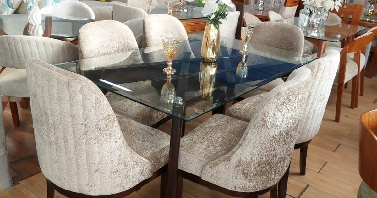 Comedor de 6 sillas tapizadas con base en X de Vidrio - Comedores - Roble Miel y Nogal Oscuro | Muebles Bethel