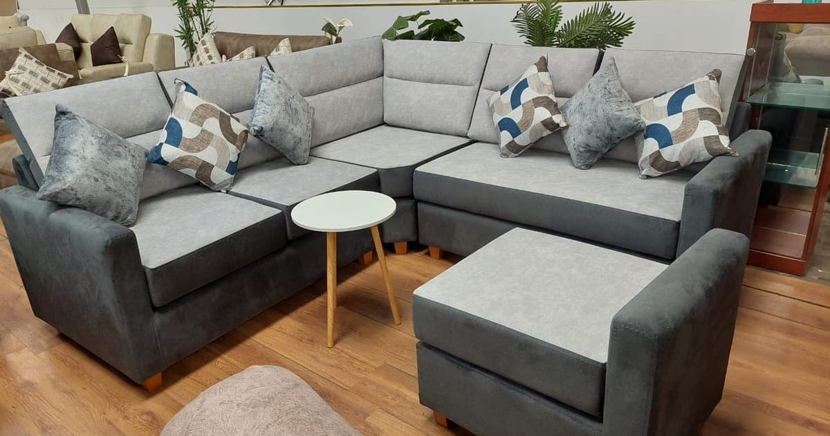Sala L de 5 piezas tapiz antifluido - Juego de sala - Gris Grafito y Blanco Lino | Muebles Bethel