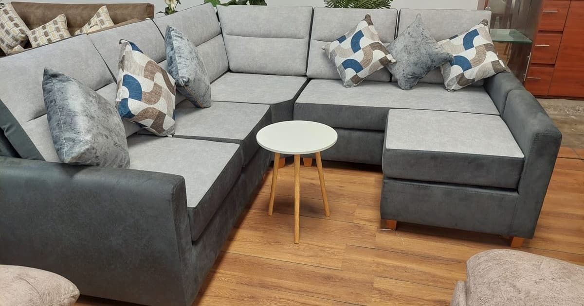 Sala L de 5 piezas tapiz antifluido - Juego de sala - Gris Grafito y Blanco Lino | Muebles Bethel 2